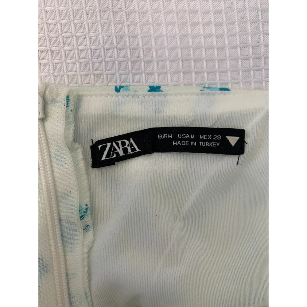 (E-131)ZARA Womens Floral Mini Dress Size M Blue White Puff Sleeve Cut Out Summe